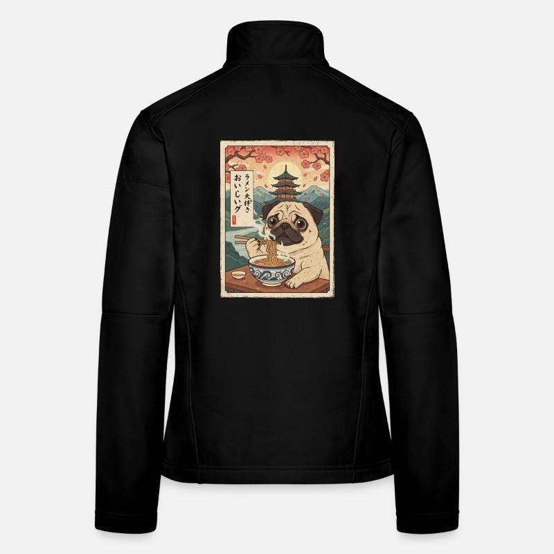 Pug Ramen Japanese Vintage Style - Women's Softshell Jacket - black