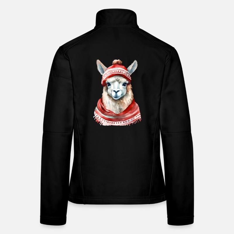 Llama with red winter hat and scarf - Women's Softshell Jacket - black
