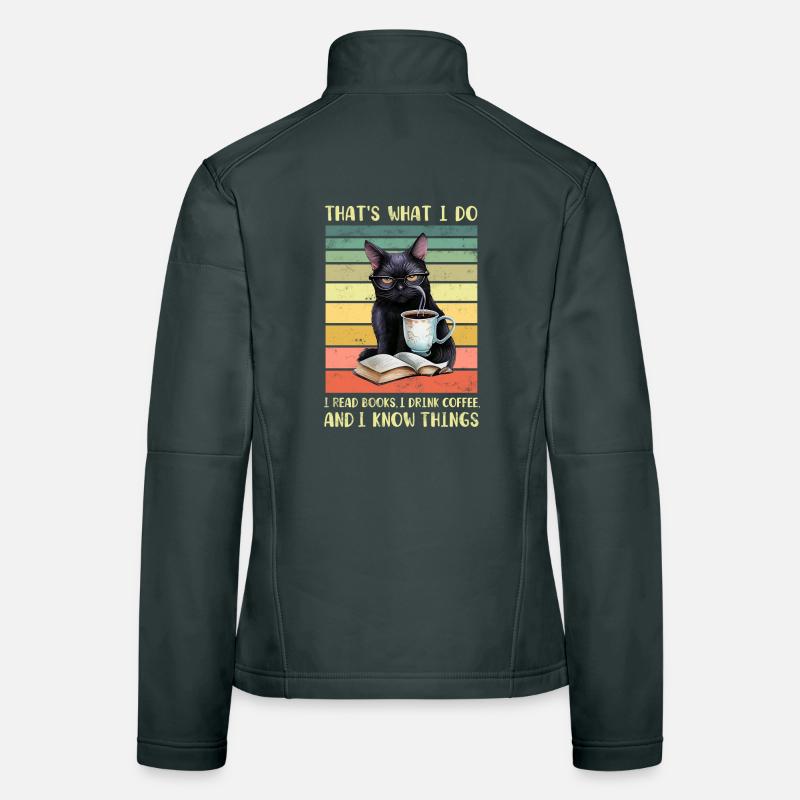 Black cat with coffee and book Women's Softshell Jacket