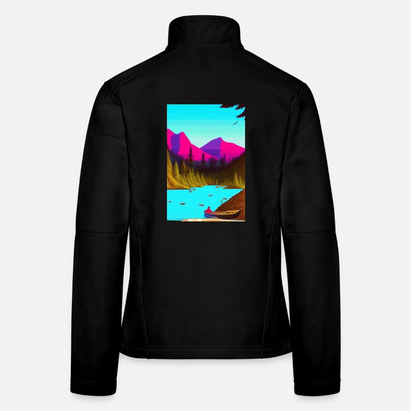 Paysage avec lac, bateau et montagnes Veste en tissu softshell Femme