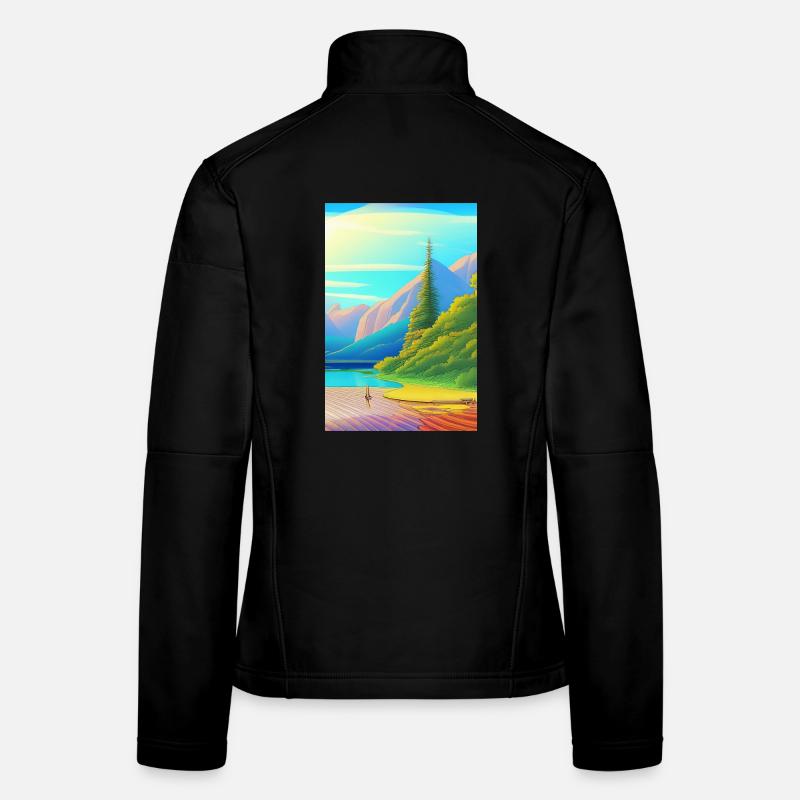 Landschaft mit See, Boot und Berge Frauen Softshelljacke