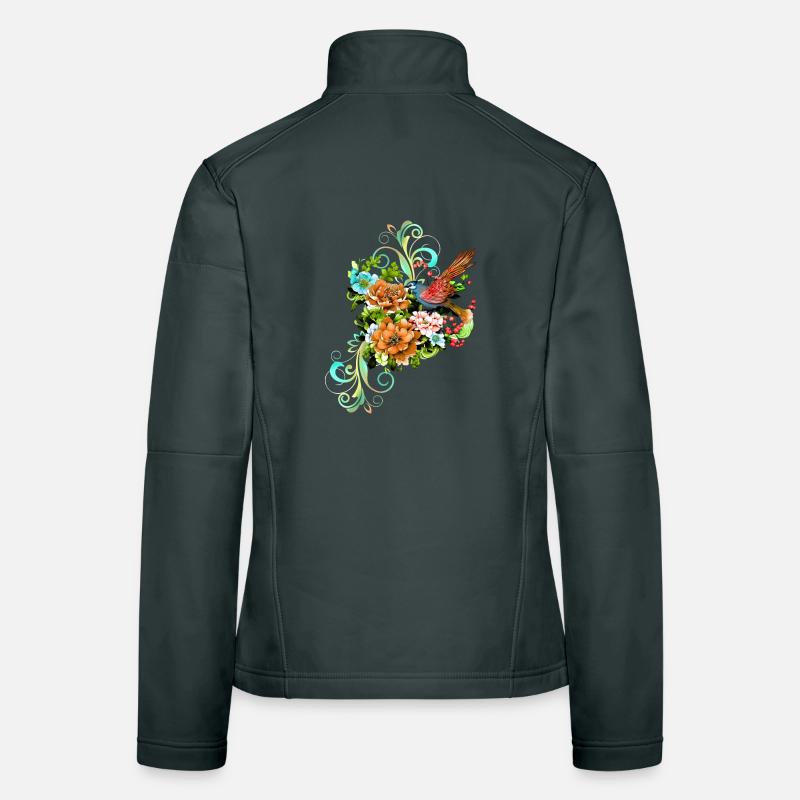 Merveilleuses fleurs élégantes avec oiseau. Veste en tissu softshell Femme