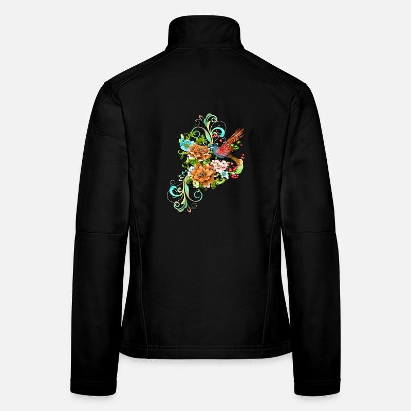 Merveilleuses fleurs élégantes avec oiseau. Veste en tissu softshell Femme