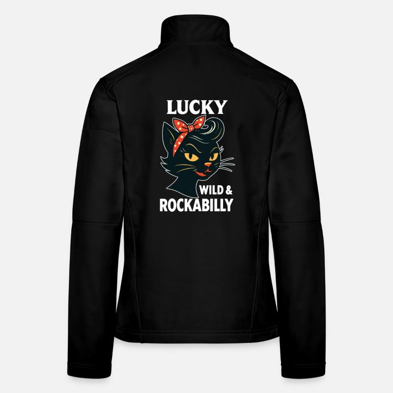 Lucky, Wild & Rockabilly: Schwarze Retro Katze Frauen Softshelljacke