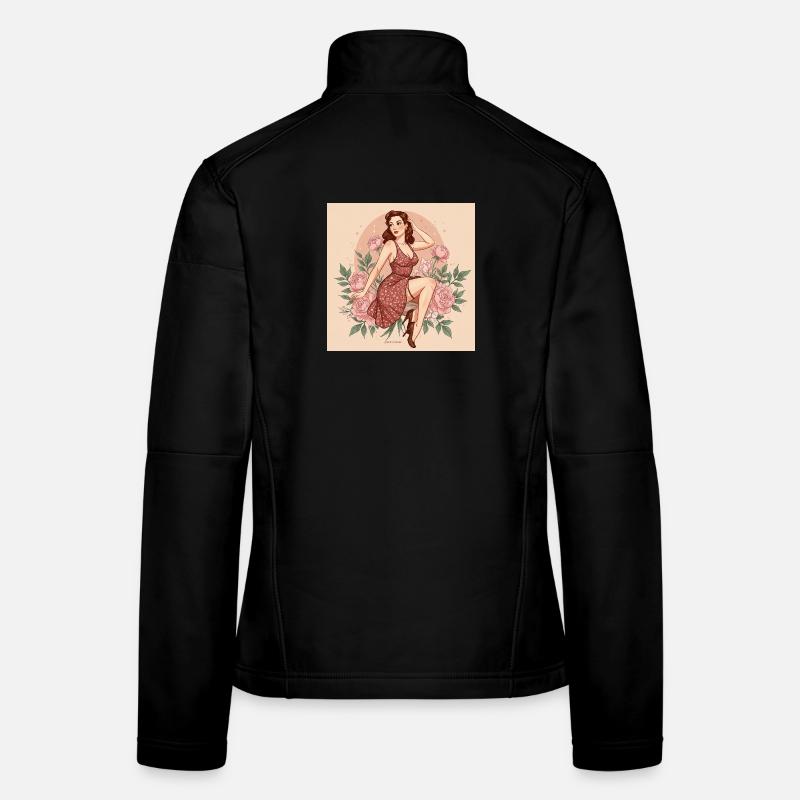 Retro Damen Figur mit Blüten und 50s Stil Frauen Softshelljacke