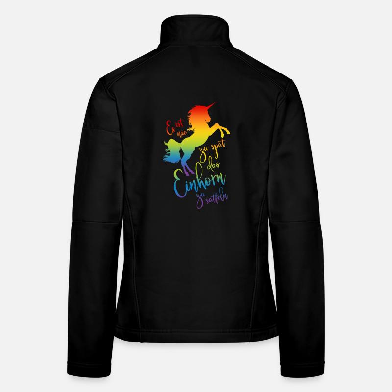 Einhorn satteln Spruch Regenbogen Silhouette bunt Frauen Softshelljacke