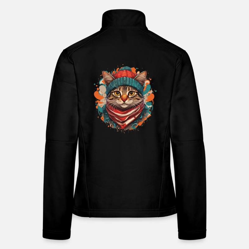 A cute cat wearing a thick scarf and a hat Women's Softshell Jacket