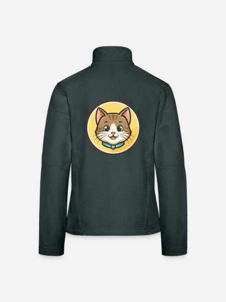 Cat Kawaii Cartoon Character Animal Pet Face - Women's Softshell Jacket - black - Back