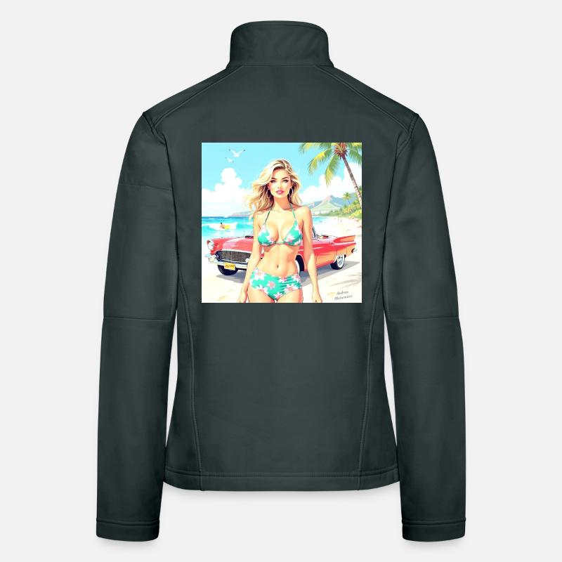 Frau am Strand mit Oldtimer Frauen Softshelljacke