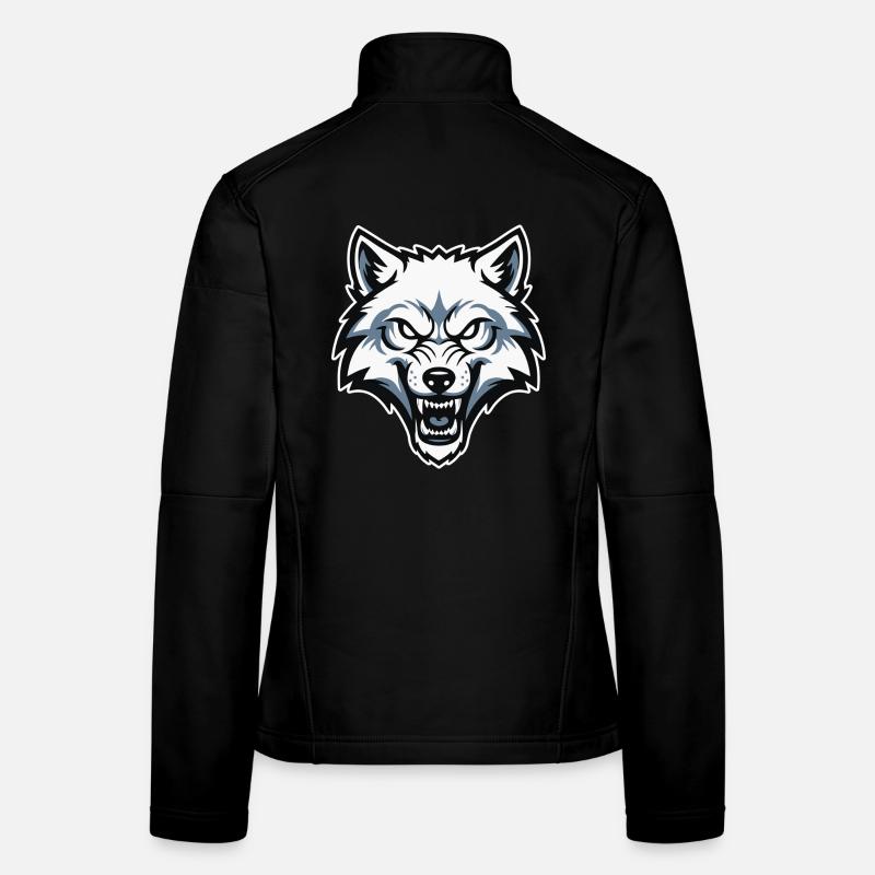 Wild Arctic White Wolf Maskottchen-Maskottchen-Logo Frauen Softshelljacke