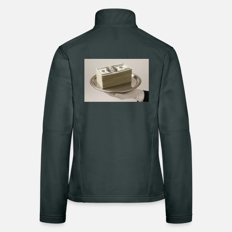 Stapel Geldscheine auf einem silbernen Tablett Frauen Softshelljacke