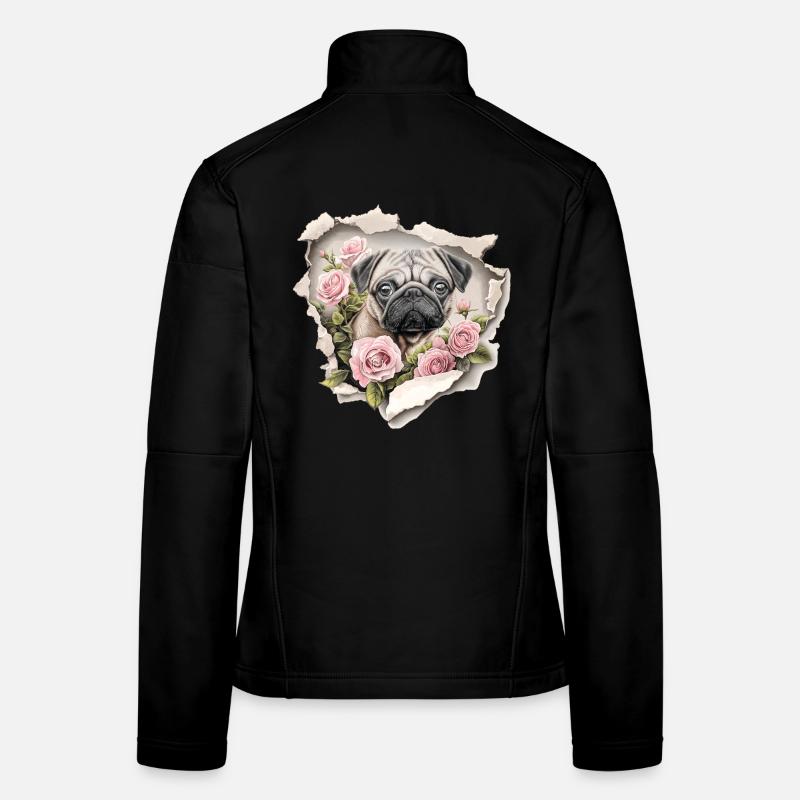 Mops Blumen Vintage - Frauen Softshelljacke - Schwarz