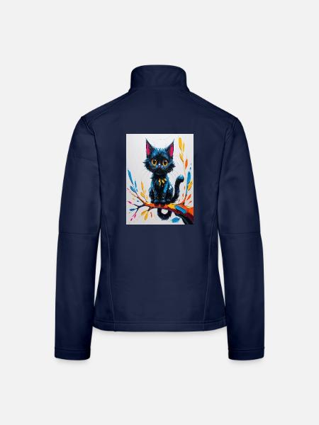 Hellschwarze Katze auf bunten Ast - Frauen Softshelljacke - Navy