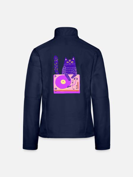 Neon-Katzen-DJ auf pinkem Plattenspieler - Frauen Softshelljacke - Navy - Hinten