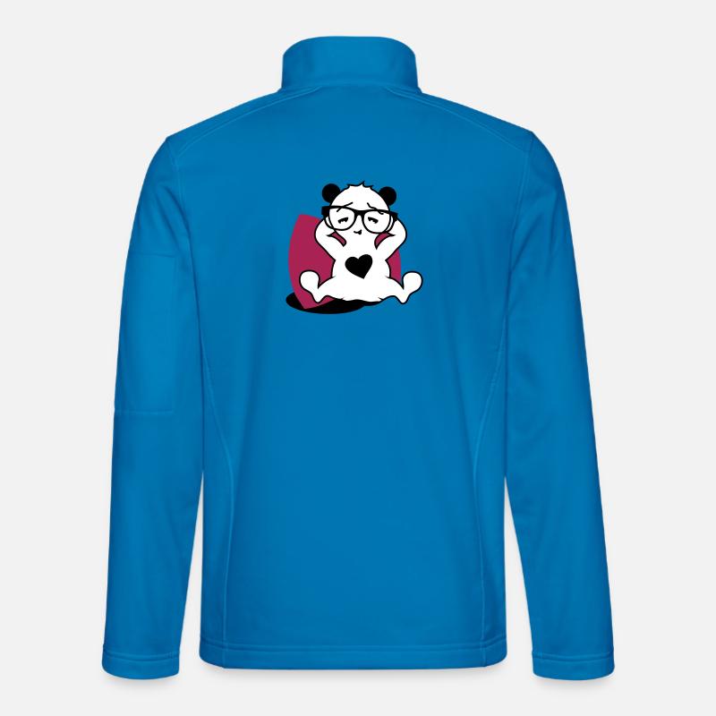 Panda with nerd glasses and heart button while relaxing Unisex Softshell Jacket