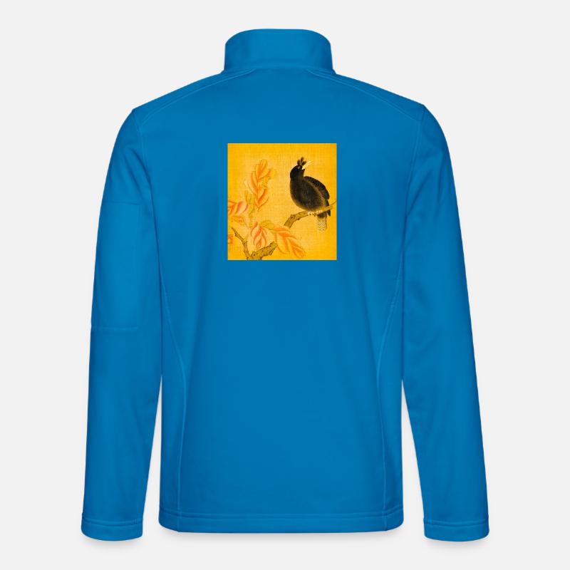 Schwarzer Singvogel auf gelben Blüten - Unisex Softshelljacke - Lichtblau