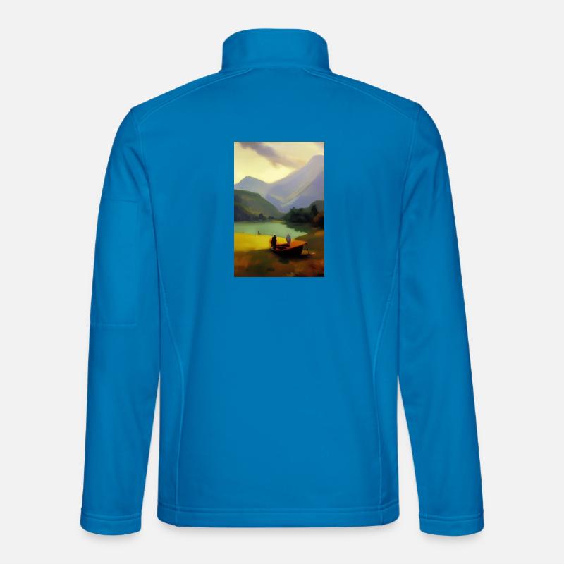 Landschaft mit See, Boot und Berge Unisex Softshelljacke