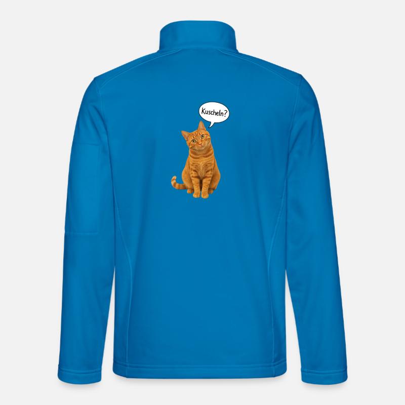Red cat with tilted head asks: "Cuddle?" Unisex Softshell Jacket