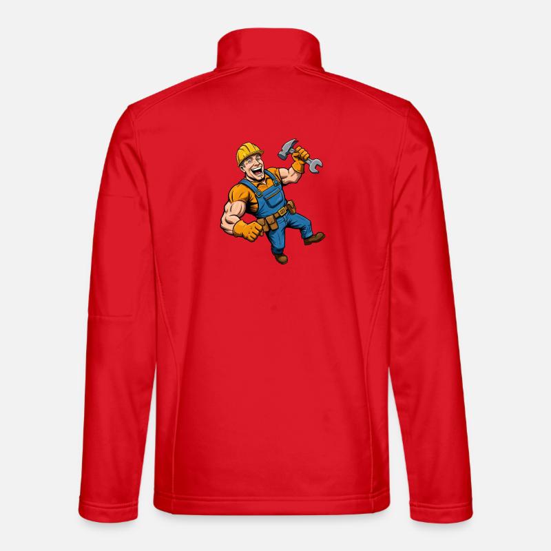 Fröhlicher Comic-Bauarbeiter mit Werkzeug - Unisex Softshelljacke - Rot