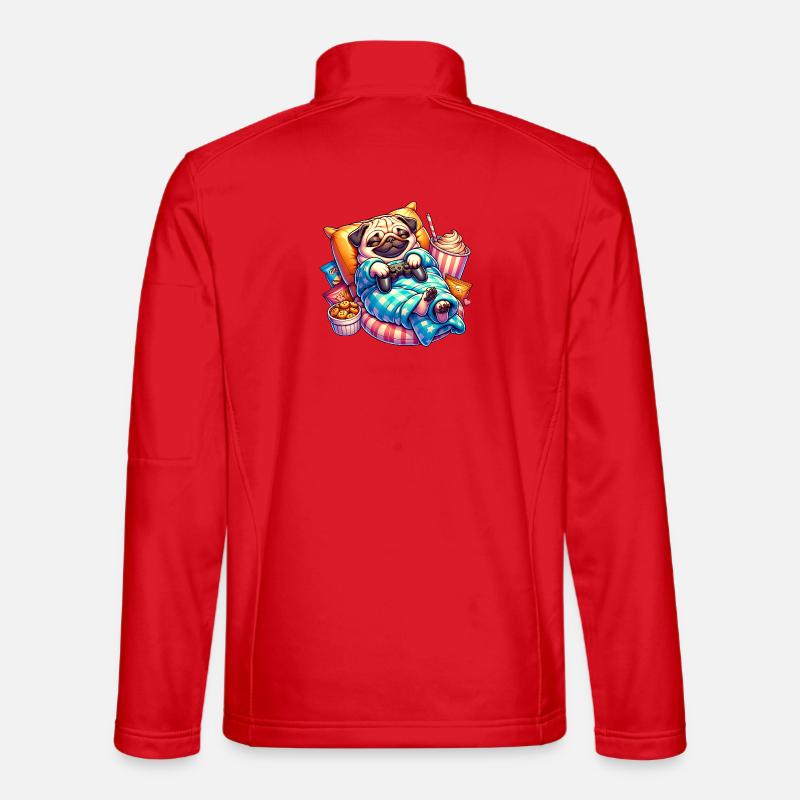 Relaxed Gaming Pug with Snacks - Unisex Softshell Jacket - red