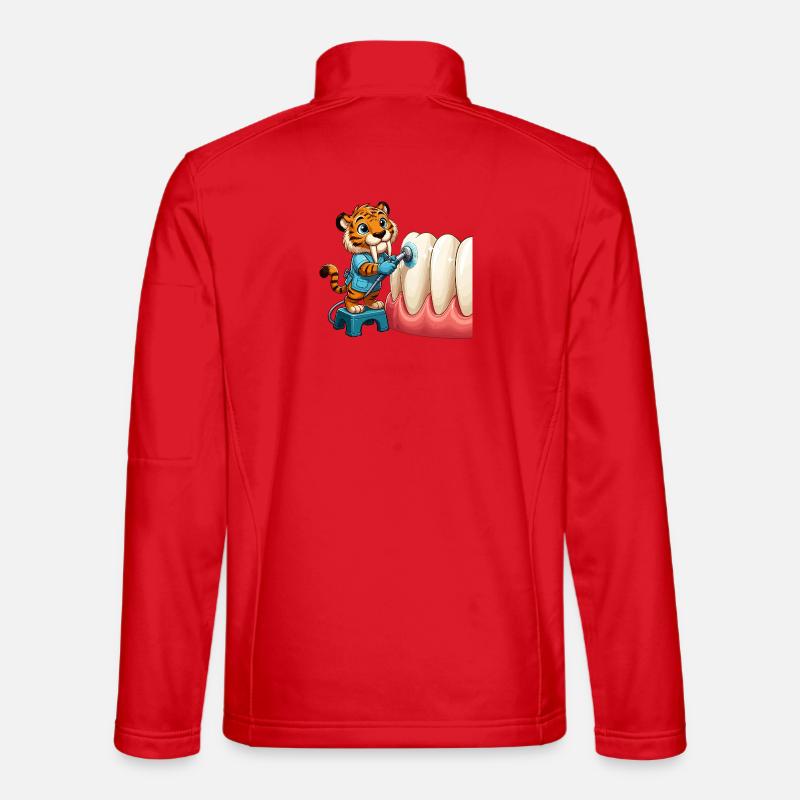 Tiger Brushing Teeth Cartoon - Unisex Softshell Jacket - red