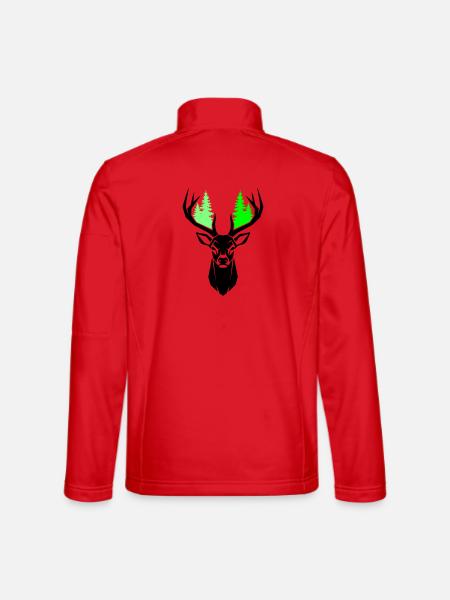 Deer Head Fir Trees Natural Green - Unisex Softshell Jacket - red