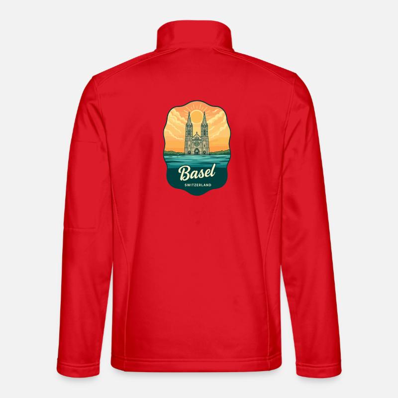 Basel Minster Retro Sonnenuntergangs-Reiseabzeichen - Unisex Softshelljacke - Rot