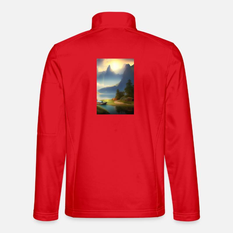 Landschaft mit See, Boot und Berge Unisex Softshelljacke