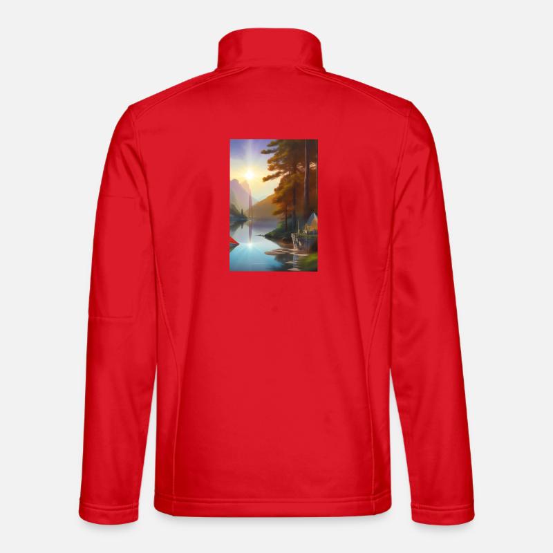 Landschaft mit See, Sonne, Boot und Berge Unisex Softshelljacke