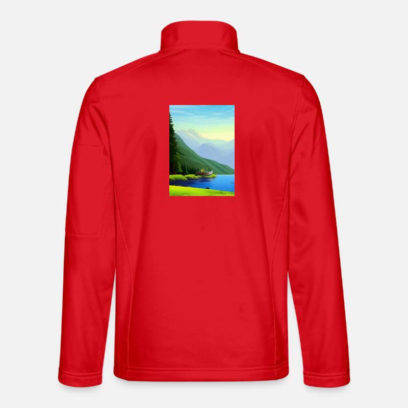 Landschaft mit See, Boot und Berge - Unisex Softshelljacke - Rot