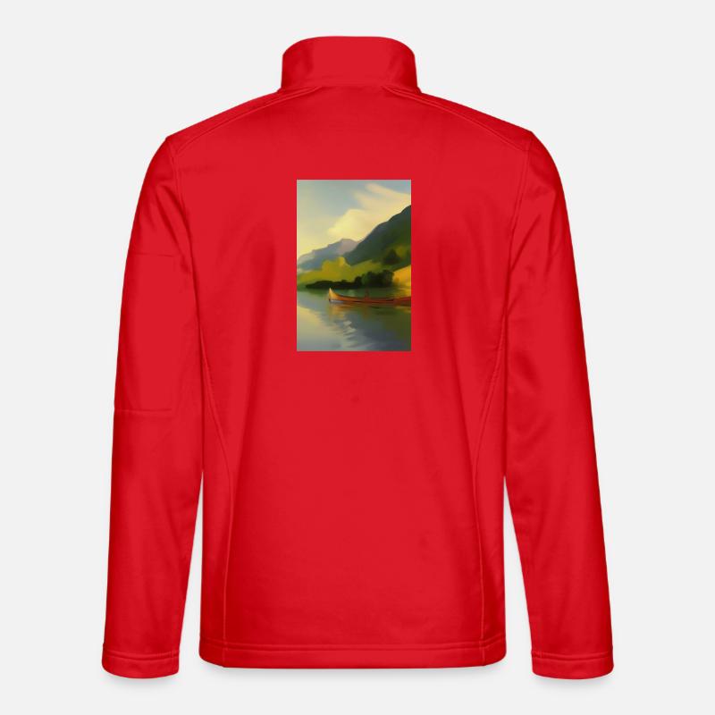 Landscape with lake, boat and mountains - Unisex Softshell Jacket - red