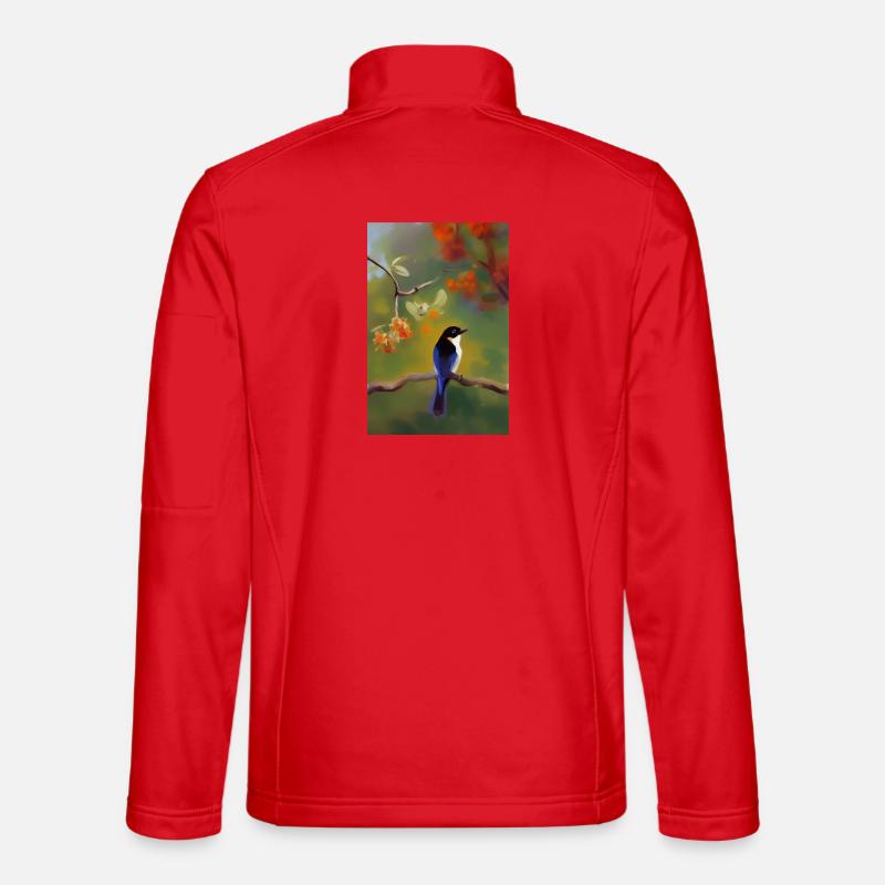 Vogel auf Ast mit bunten Blüten Unisex Softshelljacke