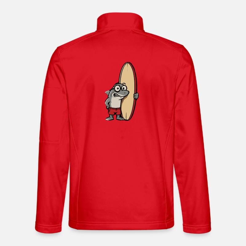 Dessin animé requin surfeur avec planche de surf Veste en tissu softshell Unisexe