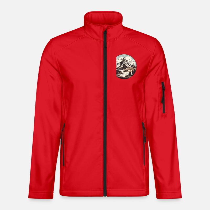 Round mountain lake landscape - Unisex Softshell Jacket - red