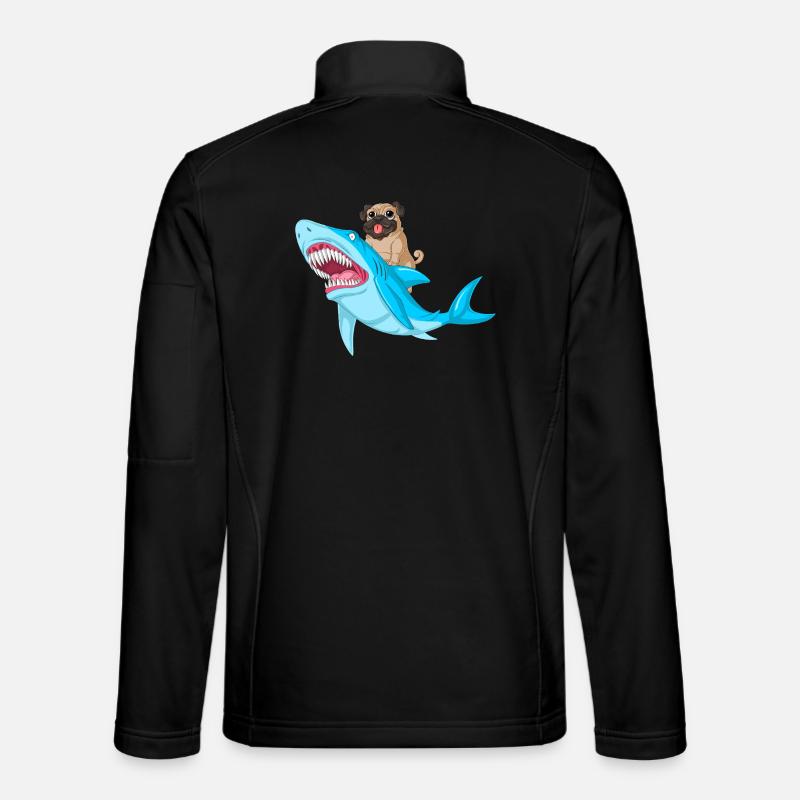 Pug Riding Shark Funny - Unisex Softshell Jacket - black