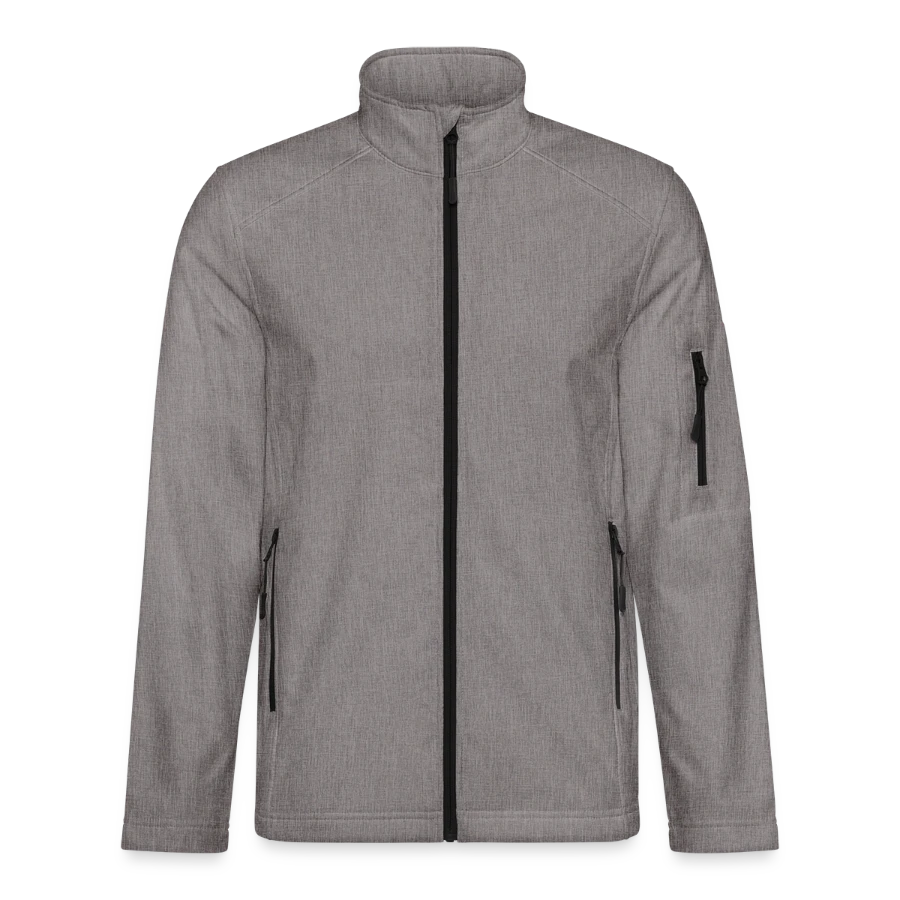 Lucerne badge on a unisex softshell jacket, heather grey