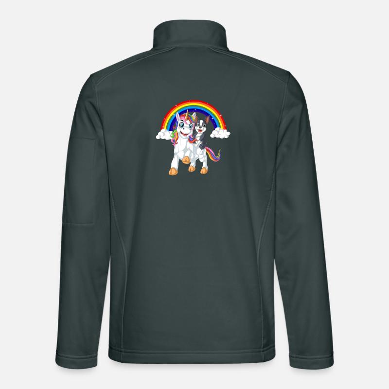 Bunter Einhorn und Boston Terrier unter Regenbogen Unisex Softshelljacke
