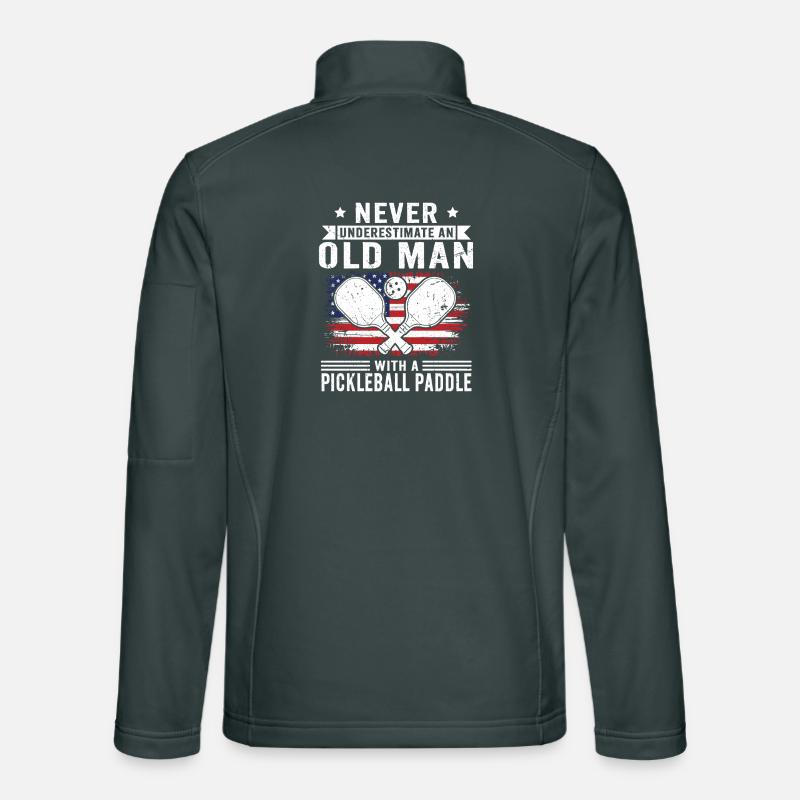 Never underestimate: Old man with pickleball Unisex Softshell Jacket