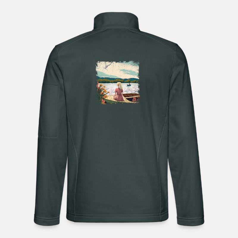 Frau sitzt im Boot am Wasser Unisex Softshelljacke