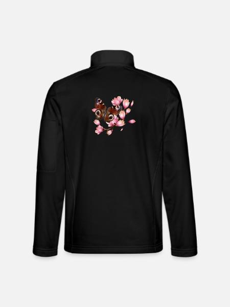 Butterfly Peacock Eye with Magnolia in Pink - Unisex Softshell Jacket - black - Back