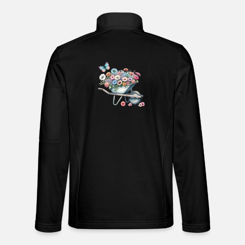 Wheelbarrow filled with pastel-colored flowers Unisex Softshell Jacket