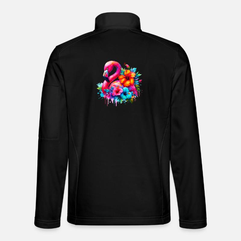 Flamant rose décoré de fleurs d’hibiscus Veste en tissu softshell Unisexe