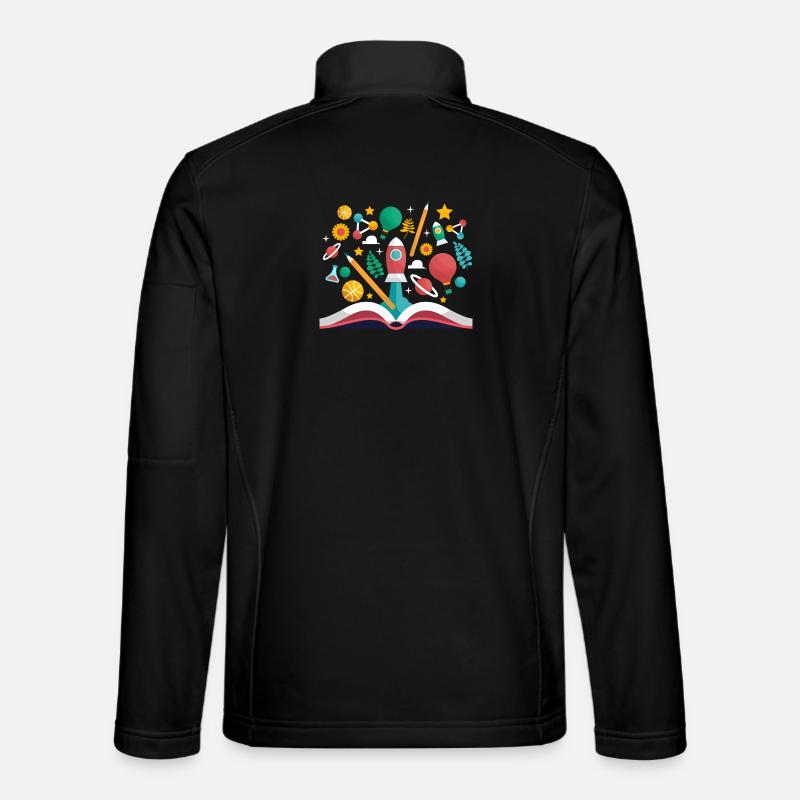 Offenes Buch mit Schulobjekten, Lernen und Pädagogik Unisex Softshelljacke
