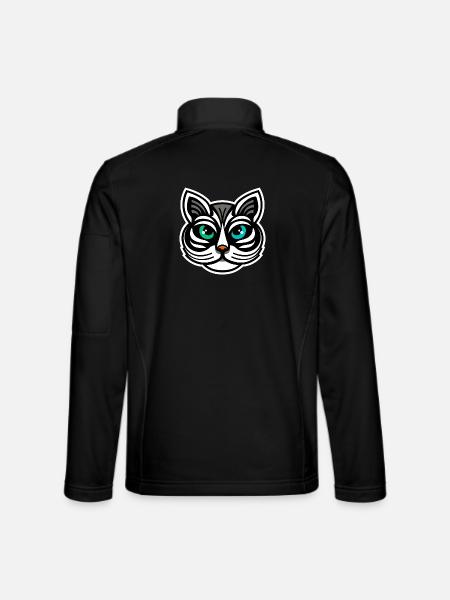 Whimsical Odd-Eyed Cat Cartoon Design - Unisex Softshell Jacket - black - Back