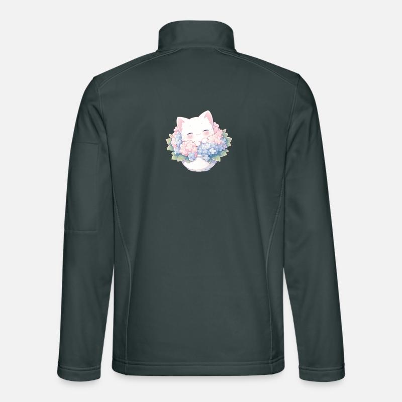 Cute White Cat in Hydrangeas – Kawaii Design Unisex Softshell Jacket