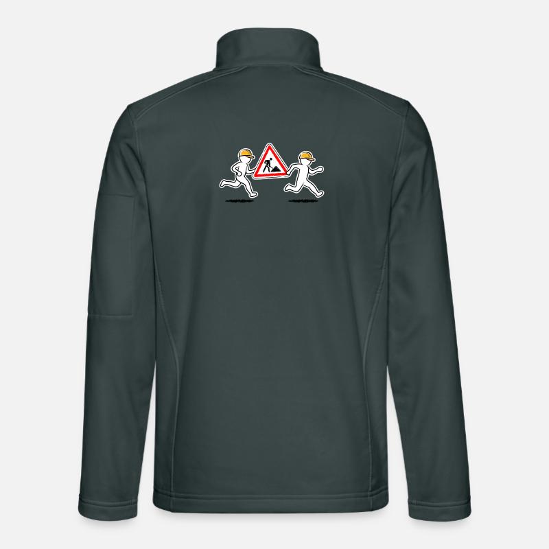 Two construction workers carry a construction site sign Unisex Softshell Jacket