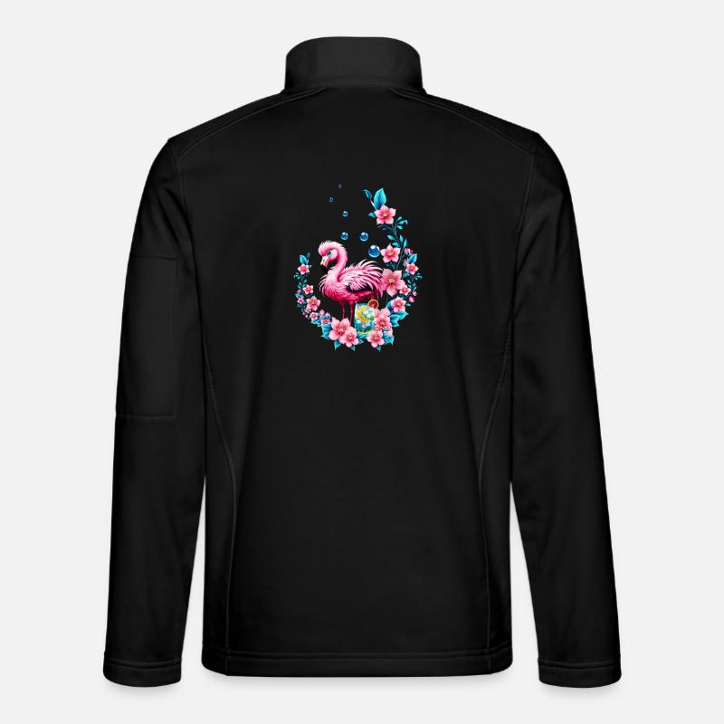 Elegant flamingo with tropical flowers. - Unisex Softshell Jacket - black