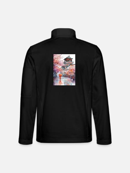Japanese pagoda and cherry blossoms - Unisex Softshell Jacket - black