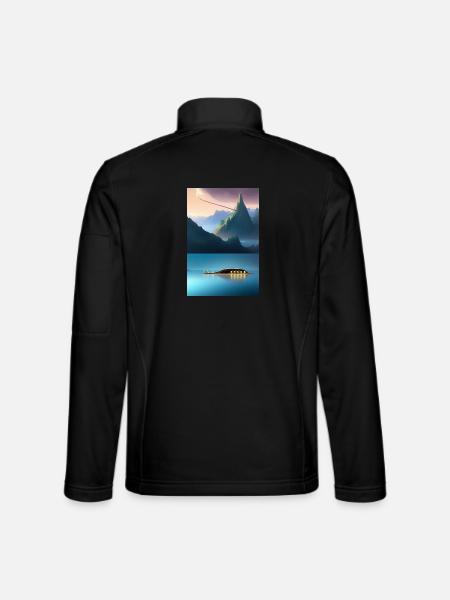 Landscape with lake, boat and mountains - Unisex Softshell Jacket - black