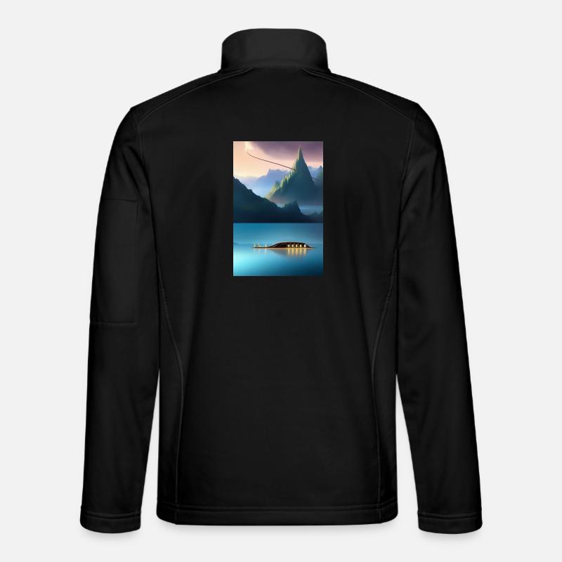 Landschaft mit See, Boot und Berge - Unisex Softshelljacke - Schwarz